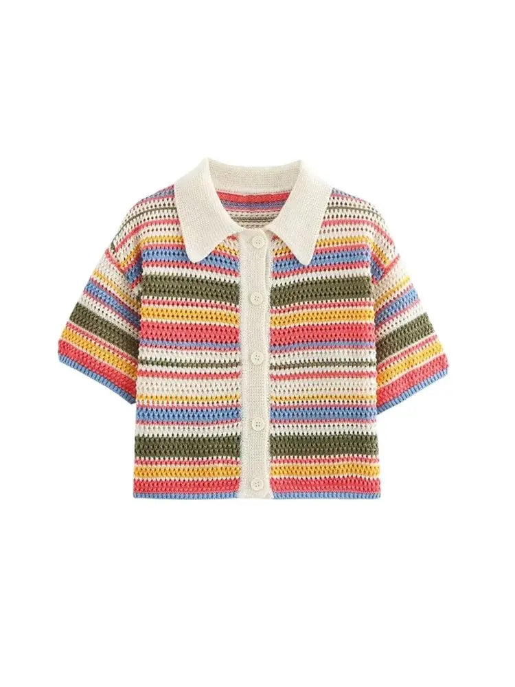 Women's Striped Crochet Knit Crop Sweater, Polo Collar, Short Sleeve, Button-up, Female Outerwear, Chic Tops, Fashion