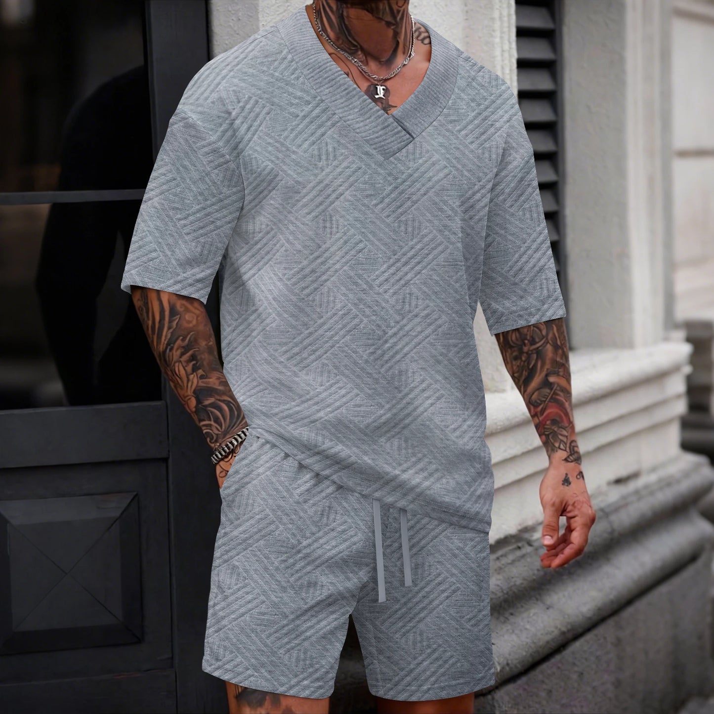 2026 Men's Summer Geometric Textured 2 Piece Set V-Neck Short Sleeve T-Shirt & Drawstring Shorts Shirt Set