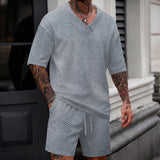 2026 Men's Summer Geometric Textured 2 Piece Set V-Neck Short Sleeve T-Shirt & Drawstring Shorts Shirt Set