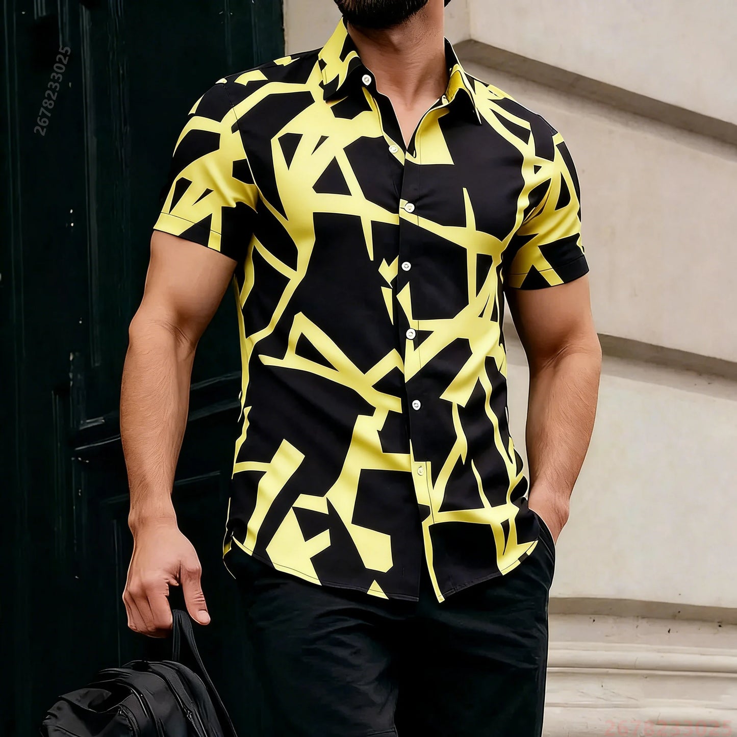 2026 New Men's Short-Sleeve Shirt, Stylish Color-Blocked Irregular Pattern Print Shirt, Outdoor Casual Hawaiian Shirt, XS-6XL