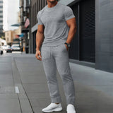 2026 Men's Spring Autumn Business Casual Textured 2 Piece Set Crew Neck T-Shirt & Drawstring Pants