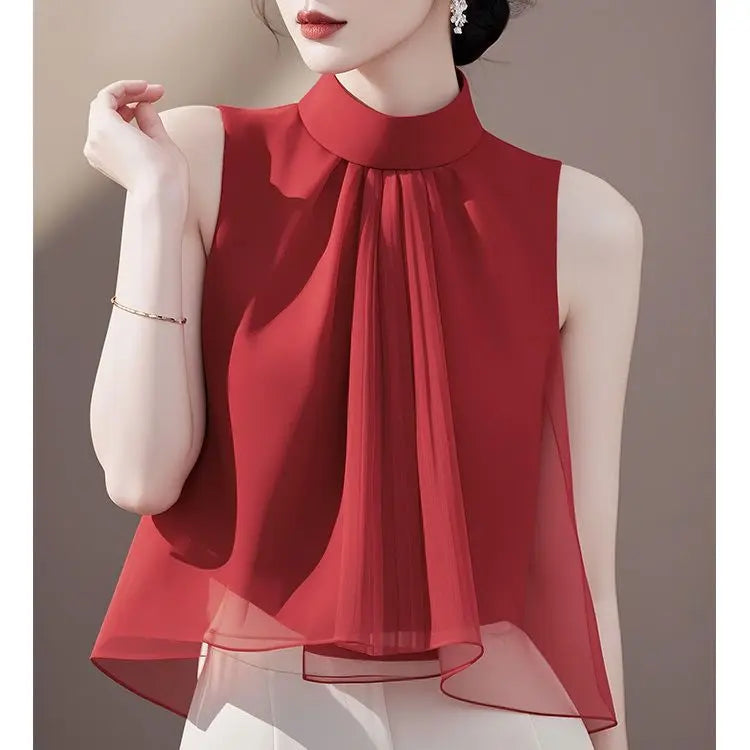 French Style Summer Vest Tops For Women Sleeveless Chiffon Blouse Stand Collar Gradient Color Casual Loose Shirt