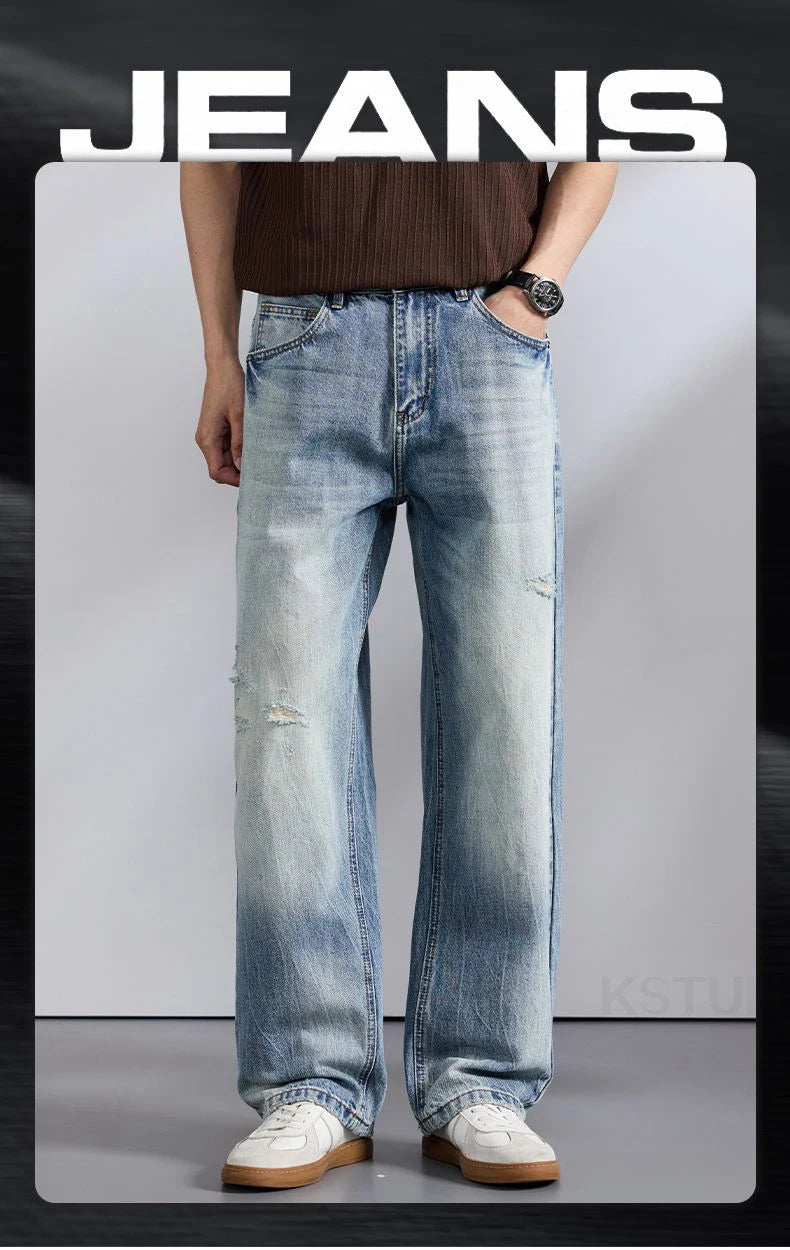 KSTUN 2026 Summer Wide Leg Jeans Men Baggy Pants Loose Fit Ripped Jeans Distressed Washed Vintage Frayed Light Blue Man Trousers