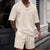 2026 Men's Summer Geometric Textured 2 Piece Set V-Neck Short Sleeve T-Shirt & Drawstring Shorts Shirt Set