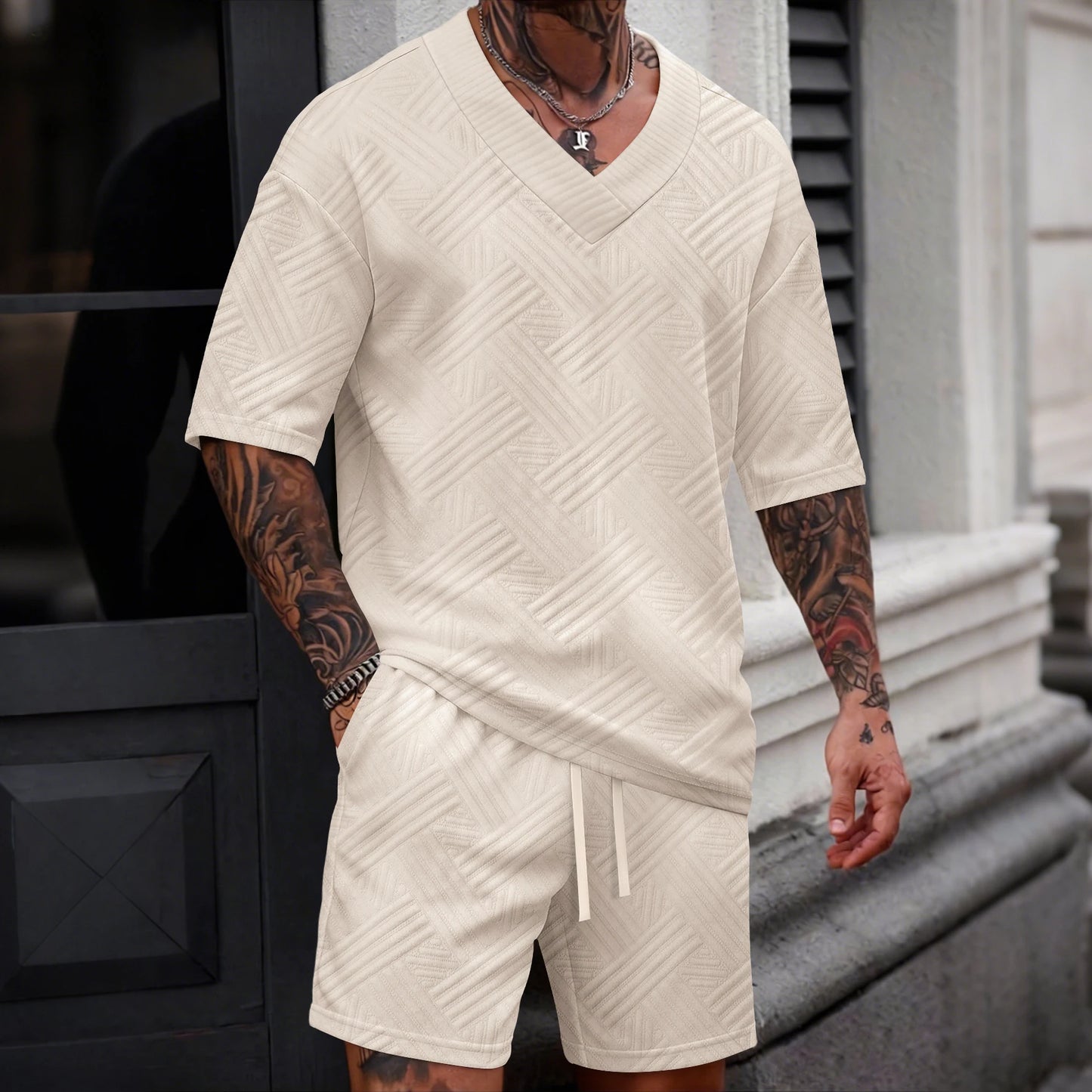 2026 Men's Summer Geometric Textured 2 Piece Set V-Neck Short Sleeve T-Shirt & Drawstring Shorts Shirt Set