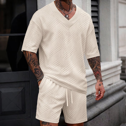 2026 Men's Summer Geometric Textured 2 Piece Set V-Neck Short Sleeve T-Shirt & Drawstring Shorts Shirt Set