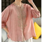 100% Linen Women Casual Shirt New 2025 Summer Vintage Style Stand Collar Floral Embroidery Loose Female Tops Shirts M1593