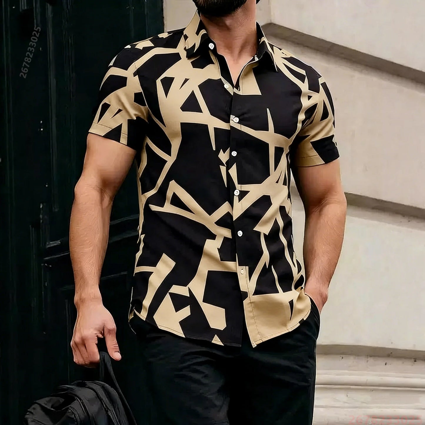 2026 New Men's Short-Sleeve Shirt, Stylish Color-Blocked Irregular Pattern Print Shirt, Outdoor Casual Hawaiian Shirt, XS-6XL