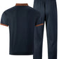 Men's Waffle Knit Stand Collar T Shirt and Pants Set Color Block Casual Streetwear Summer Tracksuit