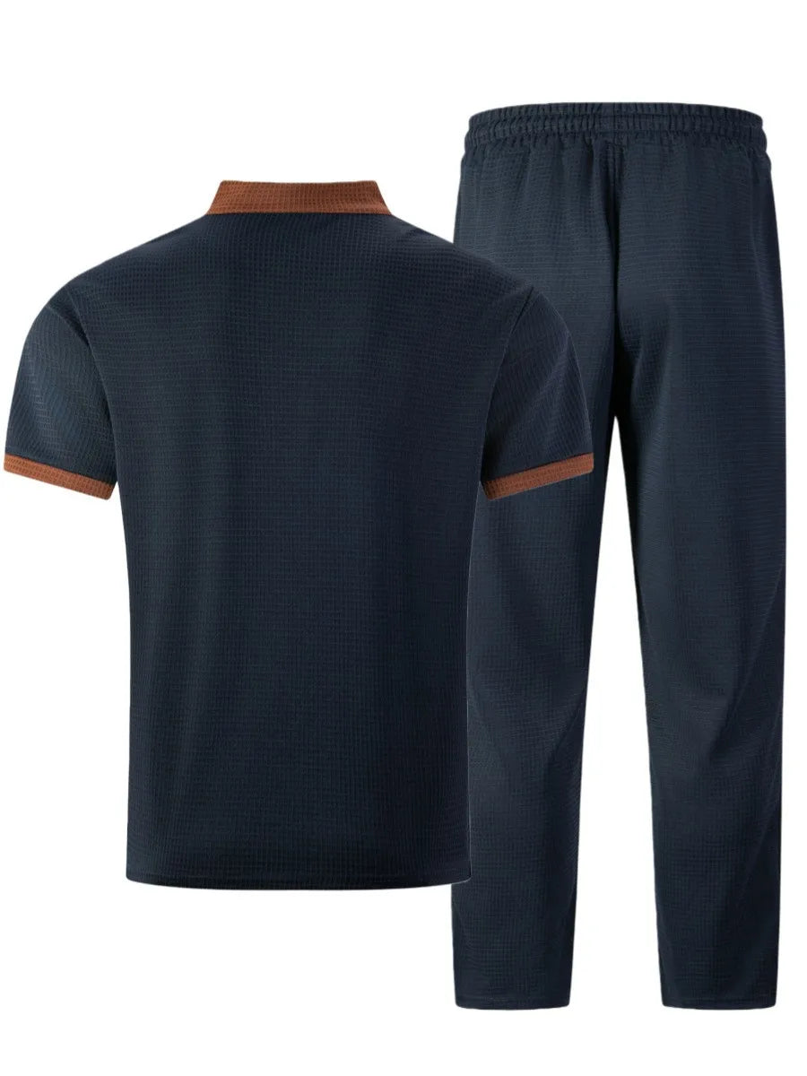 Men's Waffle Knit Stand Collar T Shirt and Pants Set Color Block Casual Streetwear Summer Tracksuit