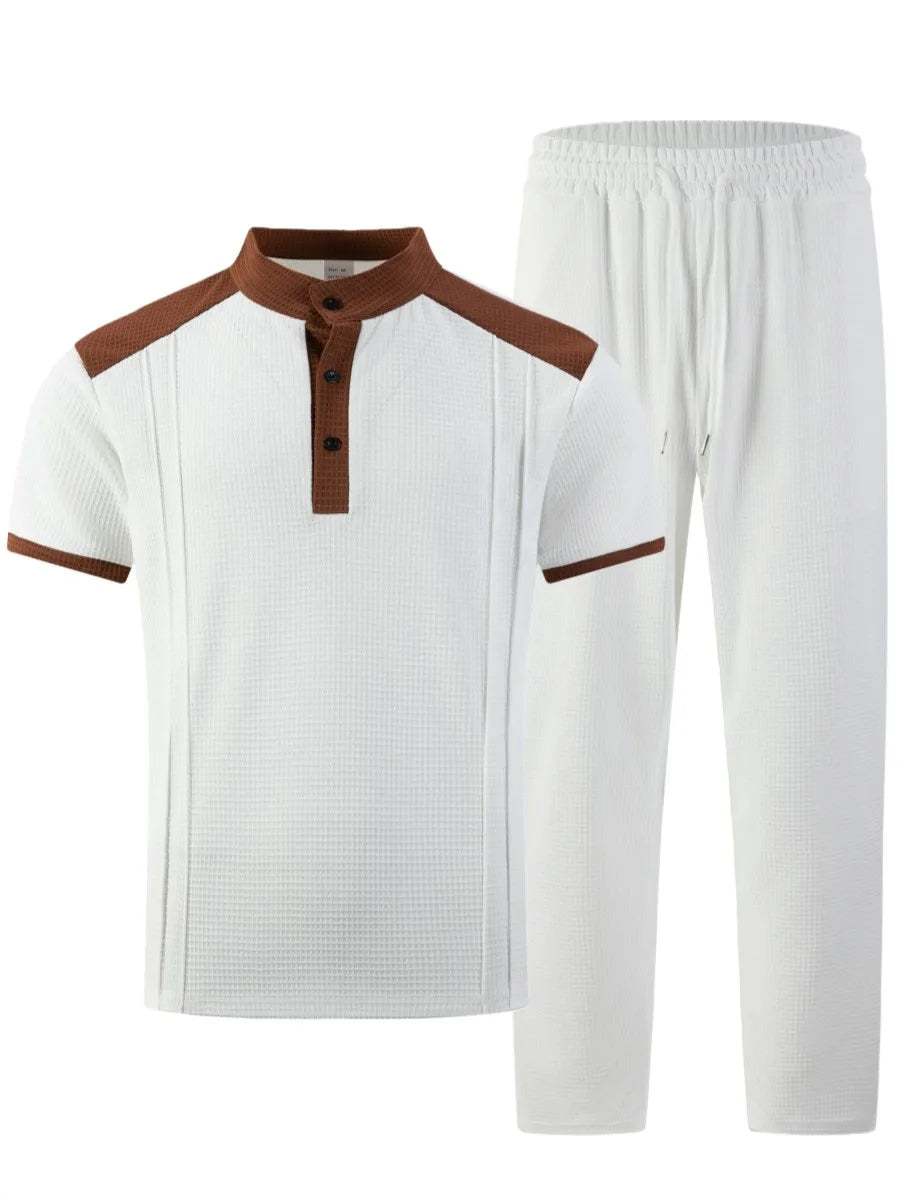 Men's Waffle Knit Stand Collar T Shirt and Pants Set Color Block Casual Streetwear Summer Tracksuit
