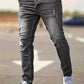 Men's American Retro Hole-Punched Stretch Slim Fit Jeans Zipper Casual Streetwear Denim Pants Classic Black Blue Skinny Trousers