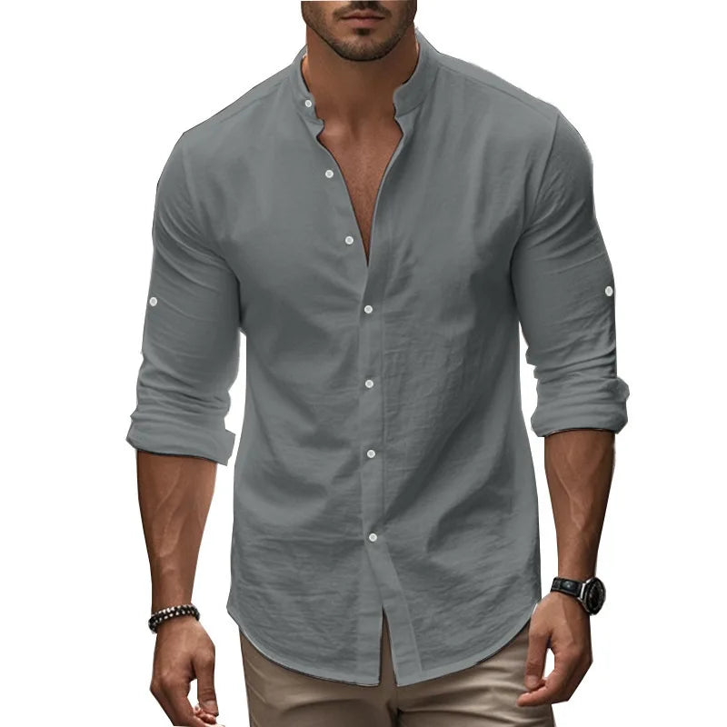 Men's Cotton Linen Long Sleeve Button Down Shirt European American Plus Size Henry Collar Casual Breathable Tops