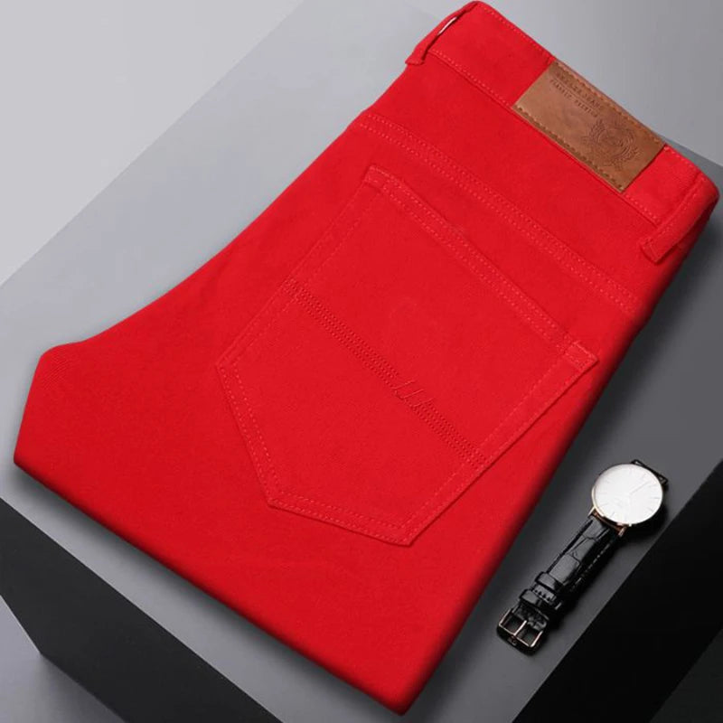 New High Quality Men's Trend Yellow Red White Jeans 2024 Spring Autumn Male High Waist Casual Pants Classic Brand Denim Trousers