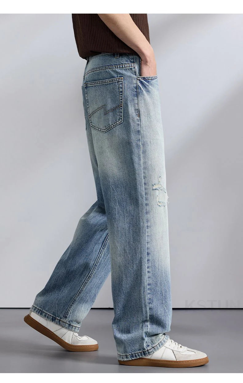 KSTUN 2026 Summer Wide Leg Jeans Men Baggy Pants Loose Fit Ripped Jeans Distressed Washed Vintage Frayed Light Blue Man Trousers