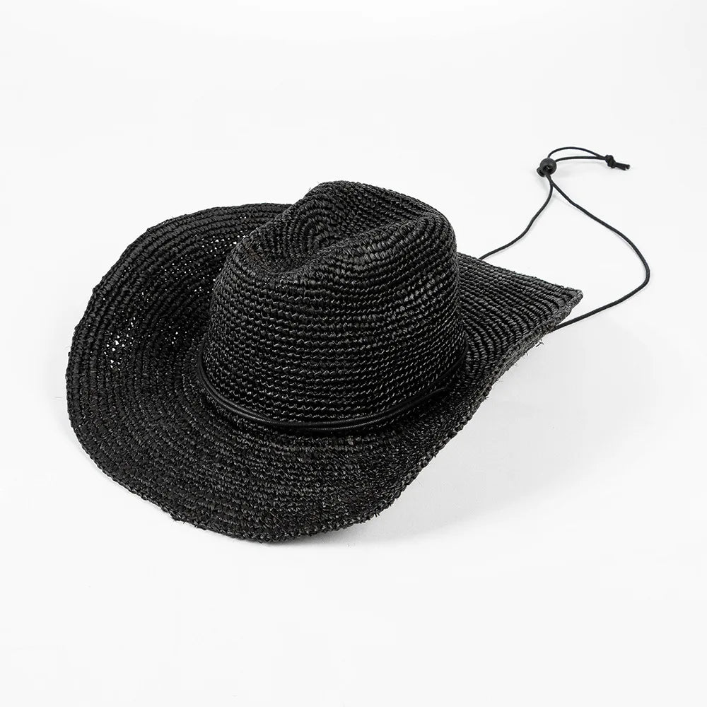 USPOP Hand-crocheted Natural Raffia Straw Cowboy Hat for Women Men Summer Wide Brim Sun Hat Outdoor Breathable Beach Caps