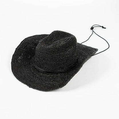 USPOP Hand-crocheted Natural Raffia Straw Cowboy Hat for Women Men Summer Wide Brim Sun Hat Outdoor Breathable Beach Caps
