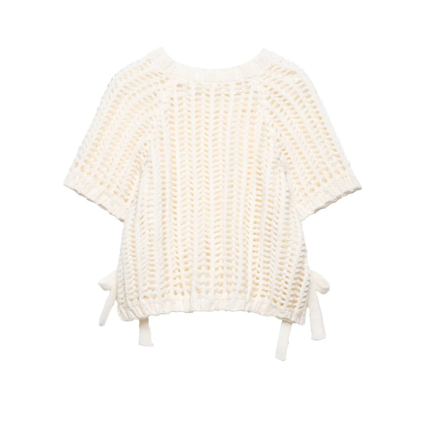 Hollow Out Knit Pullover Women Casual Round Neck Lace Up Bow Sweater Female Autumn Short Sleeves Solid Knitwears Lady