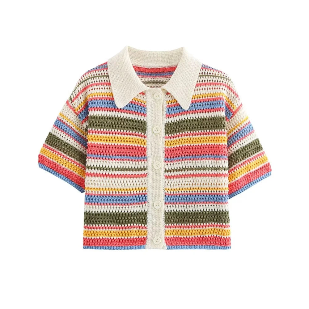 Women's Striped Crochet Knit Crop Sweater, Polo Collar, Short Sleeve, Button-up, Female Outerwear, Chic Tops, Fashion