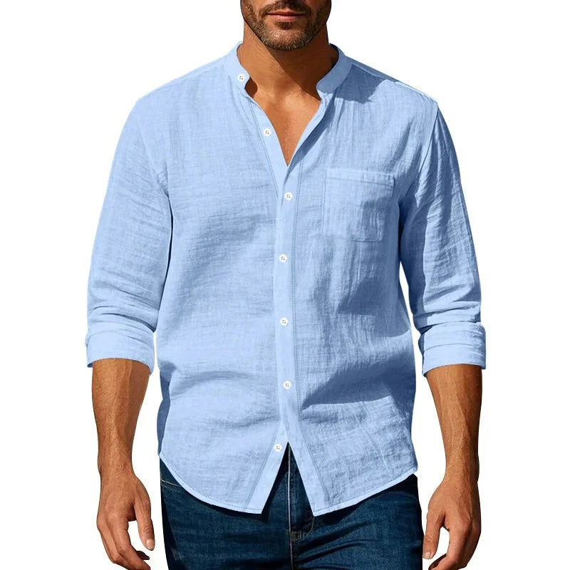 2026 Spring Summer New Mens Slim Fit Solid Color Long Sleeve Shirt Cotton Linen Casual Top Breathable ventilate absorb sweat