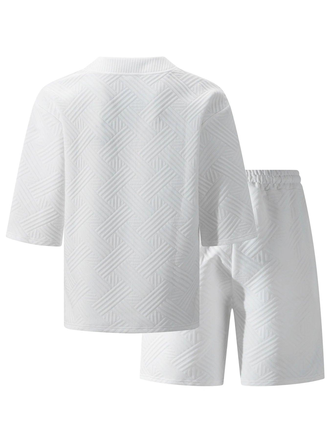 2026 Men's Summer Geometric Textured 2 Piece Set V-Neck Short Sleeve T-Shirt & Drawstring Shorts Shirt Set