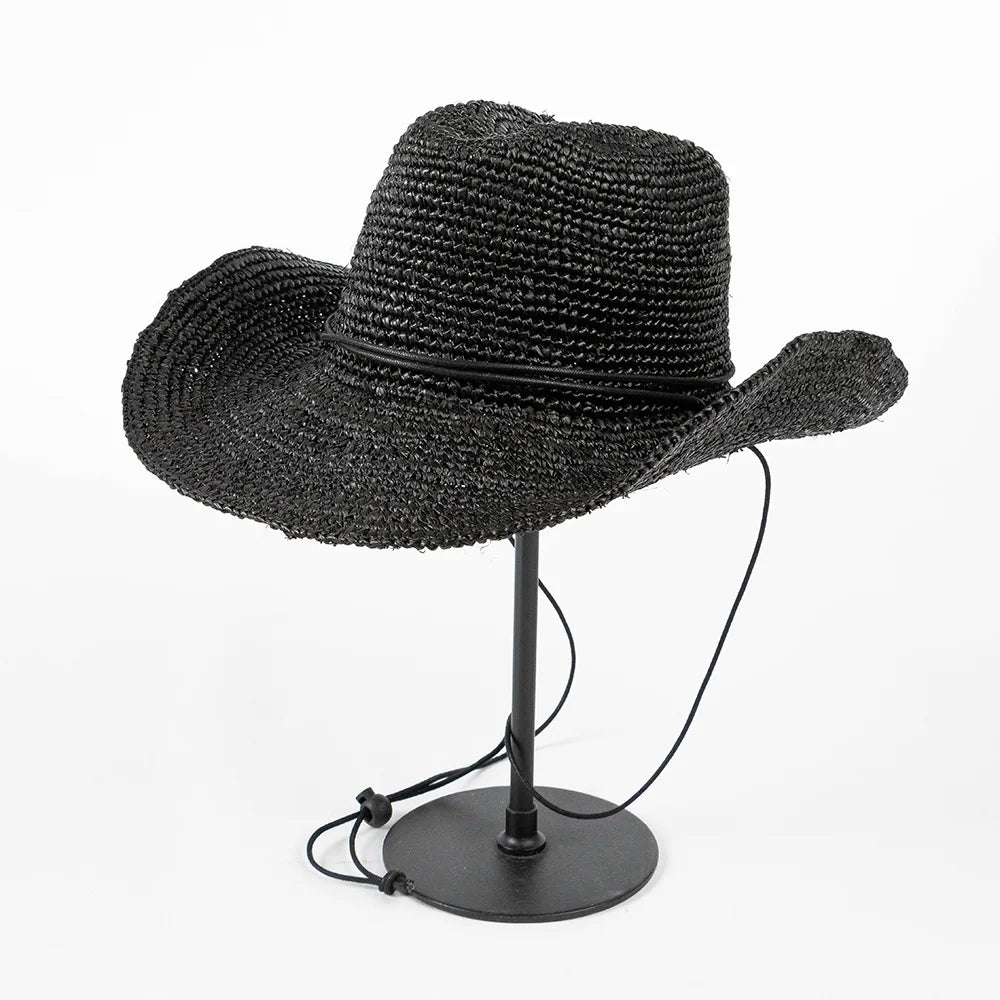 USPOP Hand-crocheted Natural Raffia Straw Cowboy Hat for Women Men Summer Wide Brim Sun Hat Outdoor Breathable Beach Caps