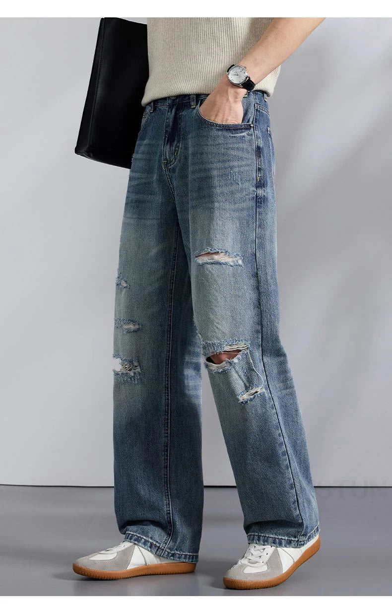 KSTUN 2026 Summer Distressed Jeans For Men Wide-leg Ripped Baggy Pants Loose Straight Vintage Streetwear Hip hop Motocycle Jeans
