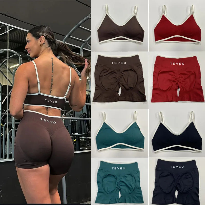 TEVEO Women's Sports Yoga Shorts Fitness Cycling Elastic Sports Pants Ignite Sculpt Scrunch Short Yoga Bra Set