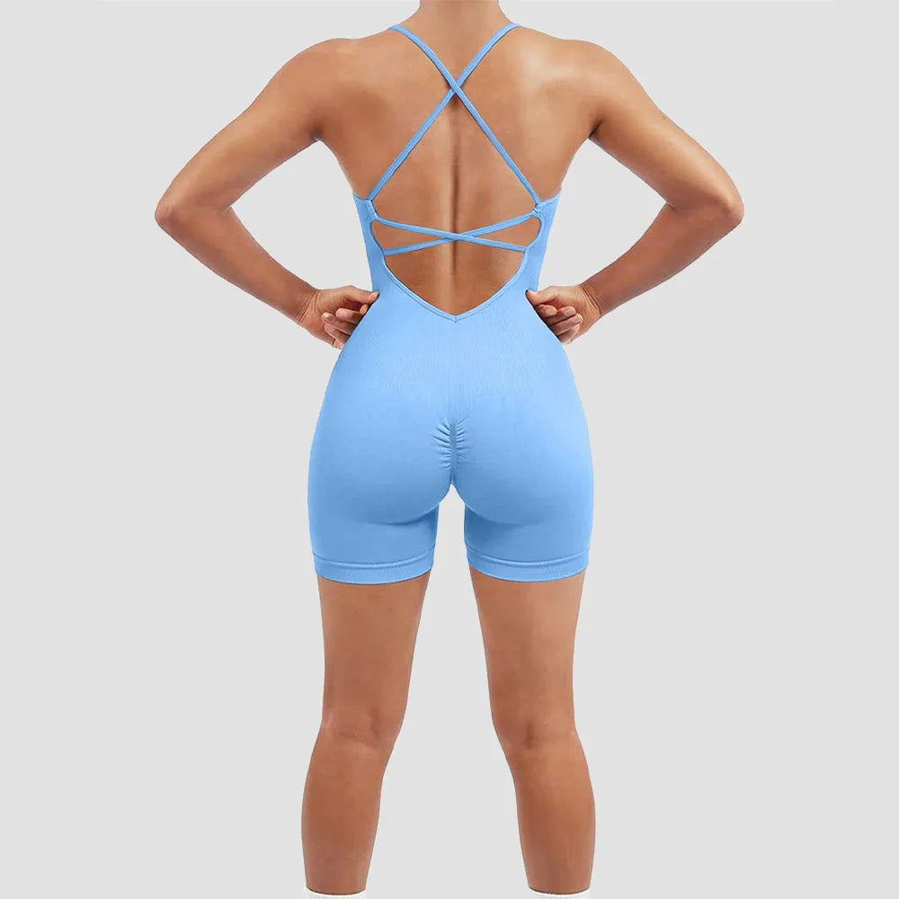 Sexy Fitness Jumpsuit Women Cross Adjustable Sports Playsuit Running One Piece Yoga Suit Scrunch Shorts Backless Set Romper