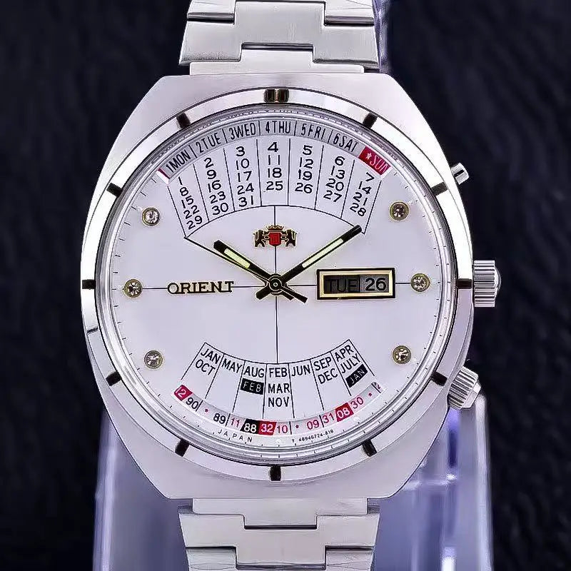 automatic mechanical unisex Orient watch with large rotating dial, fully functional stainless steel Japanese movement