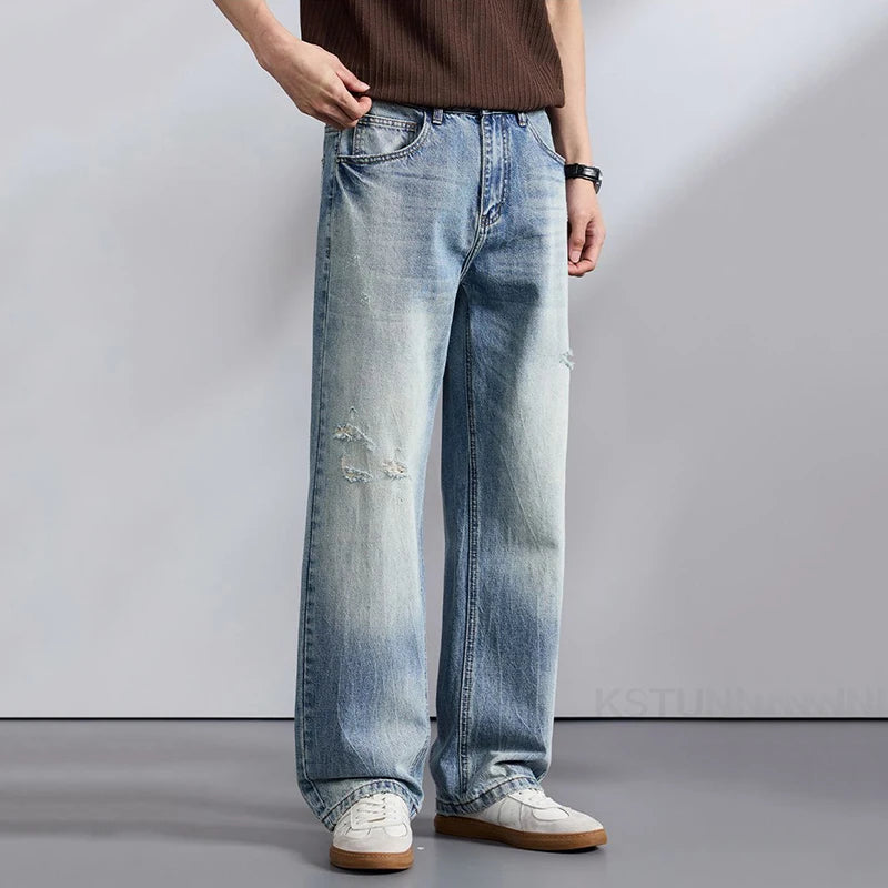 KSTUN 2026 Summer Wide Leg Jeans Men Baggy Pants Loose Fit Ripped Jeans Distressed Washed Vintage Frayed Light Blue Man Trousers