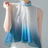 French Style Summer Vest Tops For Women Sleeveless Chiffon Blouse Stand Collar Gradient Color Casual Loose Shirt