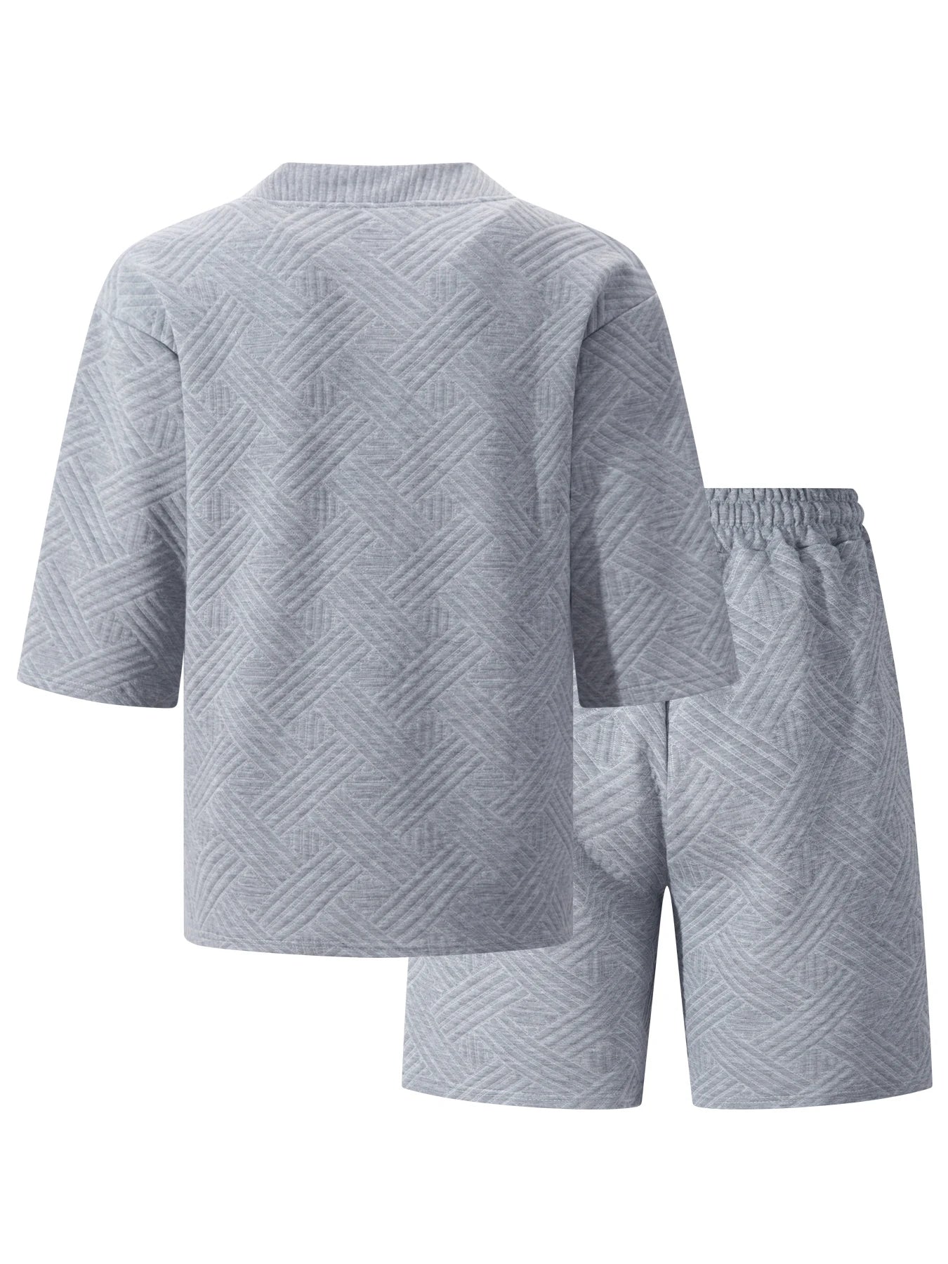 2026 Men's Summer Geometric Textured 2 Piece Set V-Neck Short Sleeve T-Shirt & Drawstring Shorts Shirt Set