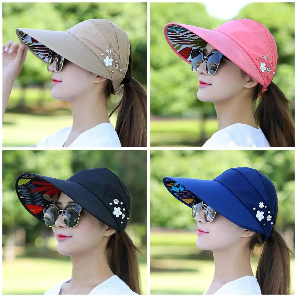 Fashion Womens Ladies Summer Vacation Wide Brim Foldable Sun Hat Anti-UV Beach Visor Caps Casual Hats