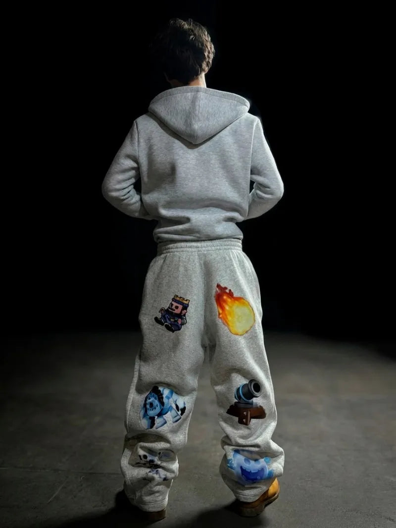 Y2k Street High Street Clothing Fashion Cartoon Pattern Casual Pants Men's Retro Loose Harajuku High Waist Pants Couple Style