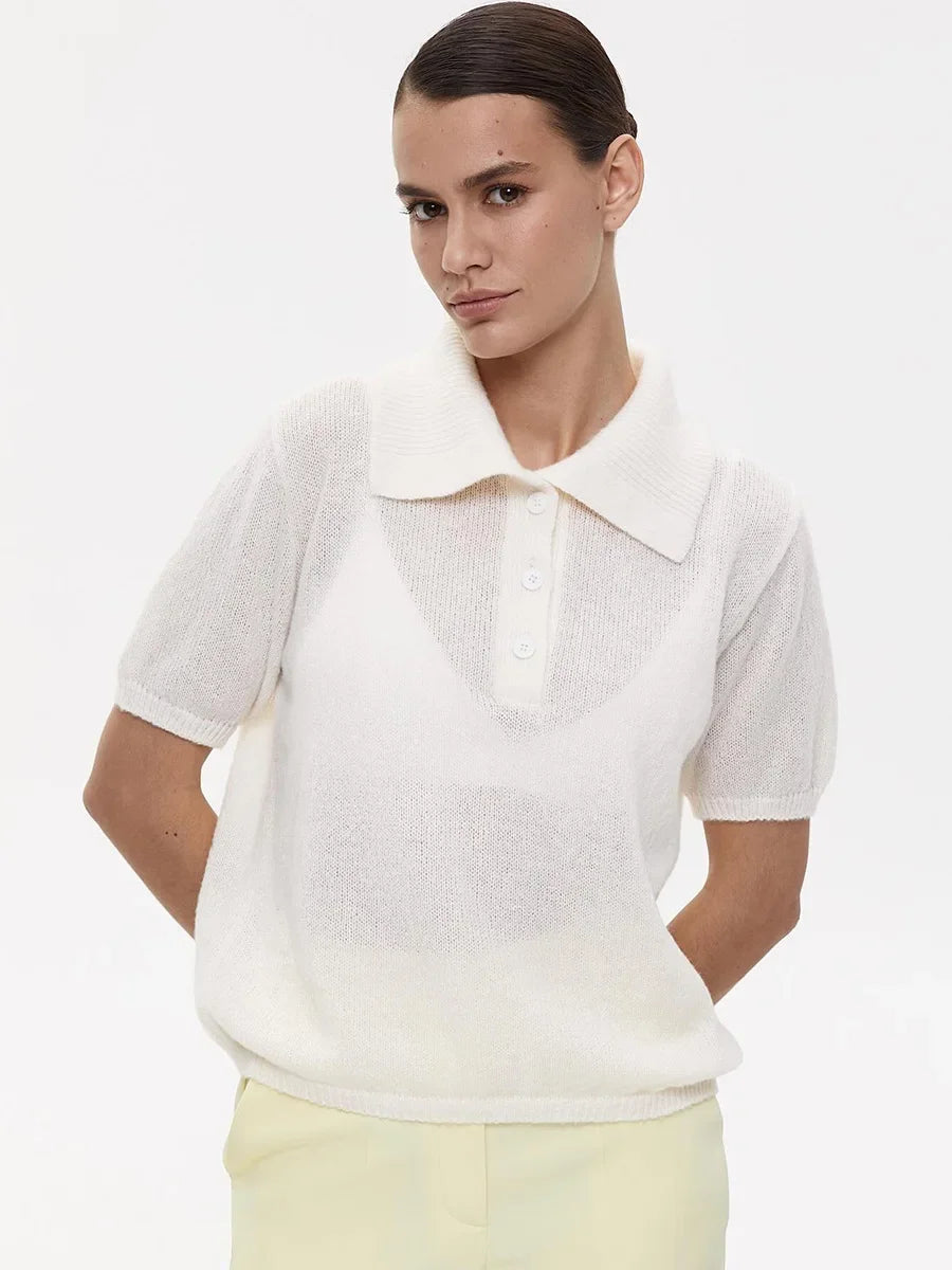 Wolfeel Summer New Polo Collar Hollow Knitted Short Sleeved Sweater Women's Bubble Sleeve T-shirt Female Simple Knitted Sweater