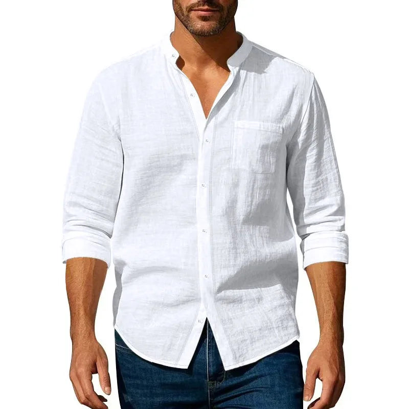 2026 Spring Summer New Mens Slim Fit Solid Color Long Sleeve Shirt Cotton Linen Casual Top Breathable ventilate absorb sweat