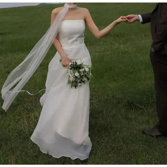Newest Simple Bridal Dresses Sexy Strapless Backless Formal Evening Dress Elegant Floor-length A-line Wedding Dresses