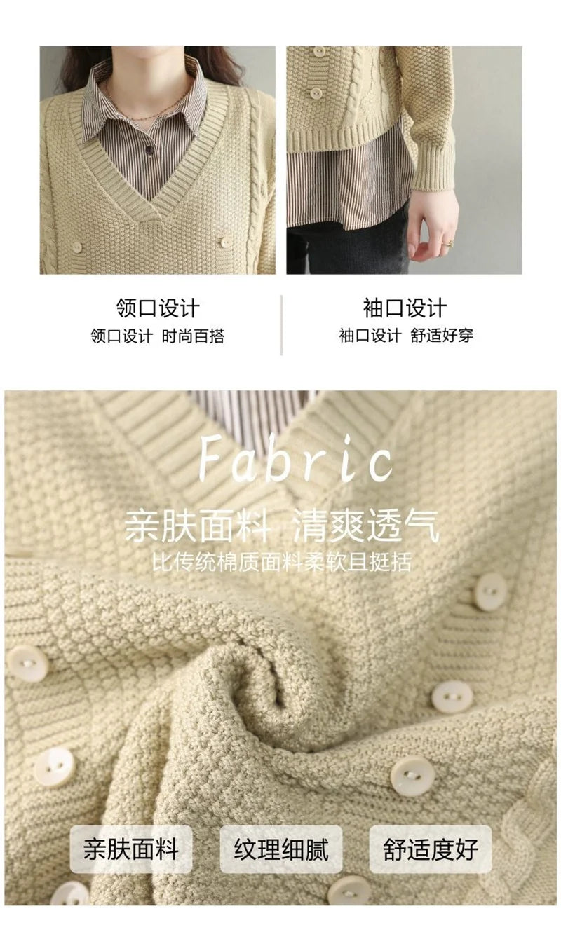 Fake Two Piece Top Knit Sweater Women's Splice Shirt Collar 2024 Spring Autumn New Korean Loose Long Sleeve Sweater Brown Shirt