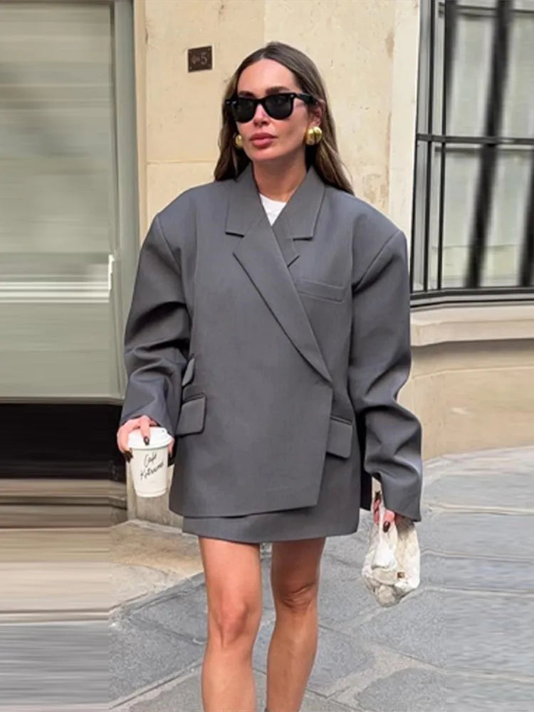 Bomber Jacket Women's Coat Oversized Blazer Lapel Diagonal Placket Asymmetrical Suit Flap Pockets Spring Woman Clothes Loose Top