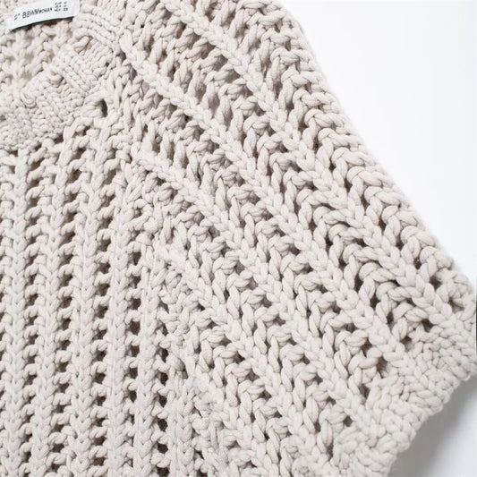 Hollow Out Knit Pullover Women Casual Round Neck Lace Up Bow Sweater Female Autumn Short Sleeves Solid Knitwears Lady