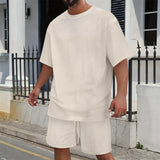 2026 Men's Summer Oversized Textured 2 Piece Set Crew Neck Short Sleeve T-Shirt & Drawstring Shorts Tracksuit