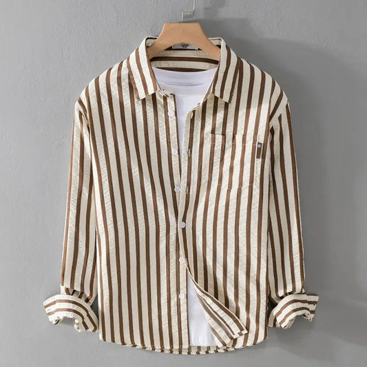 2025 Spring/Summer Men's Square Collar Button Striped Pocket Loose Fashion Casual Versatile Simple Design Long Sleeve Shirt