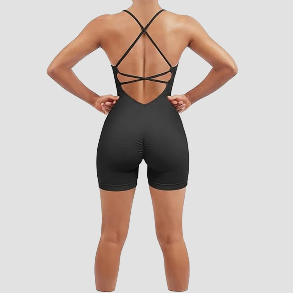 Sexy Fitness Jumpsuit Women Cross Adjustable Sports Playsuit Running One Piece Yoga Suit Scrunch Shorts Backless Set Romper