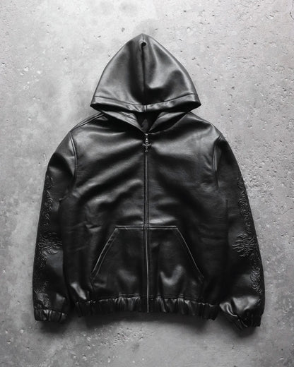 European and American Hip Hop Punk High Street Men Hooded Jacket Trend 3D Printing Y2K Gothic Retro Zipper Loose Leather Jacket