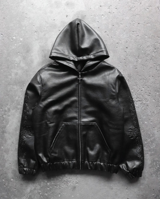 European and American Hip Hop Punk High Street Men Hooded Jacket Trend 3D Printing Y2K Gothic Retro Zipper Loose Leather Jacket