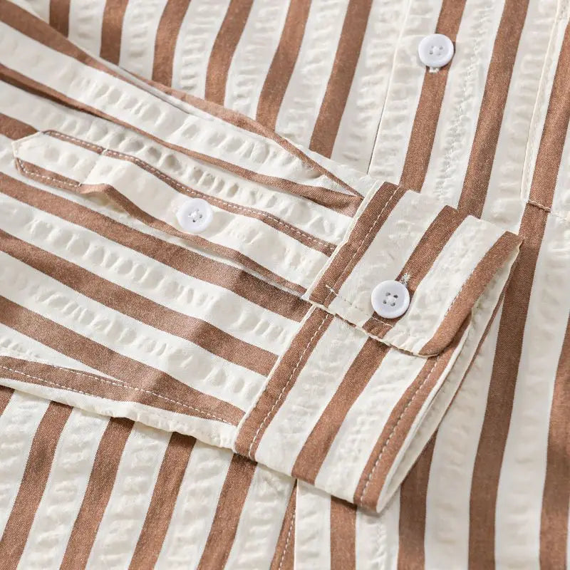 2025 Spring/Summer Men's Square Collar Button Striped Pocket Loose Fashion Casual Versatile Simple Design Long Sleeve Shirt