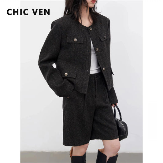 CHIC VEN Fashion Women Woolen Short Coat New Slim Ladies Jacket Female High Waist Middle Pants Sets Spring Autumn 2026