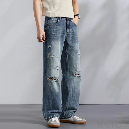 KSTUN 2026 Summer Distressed Jeans For Men Wide-leg Ripped Baggy Pants Loose Straight Vintage Streetwear Hip hop Motocycle Jeans