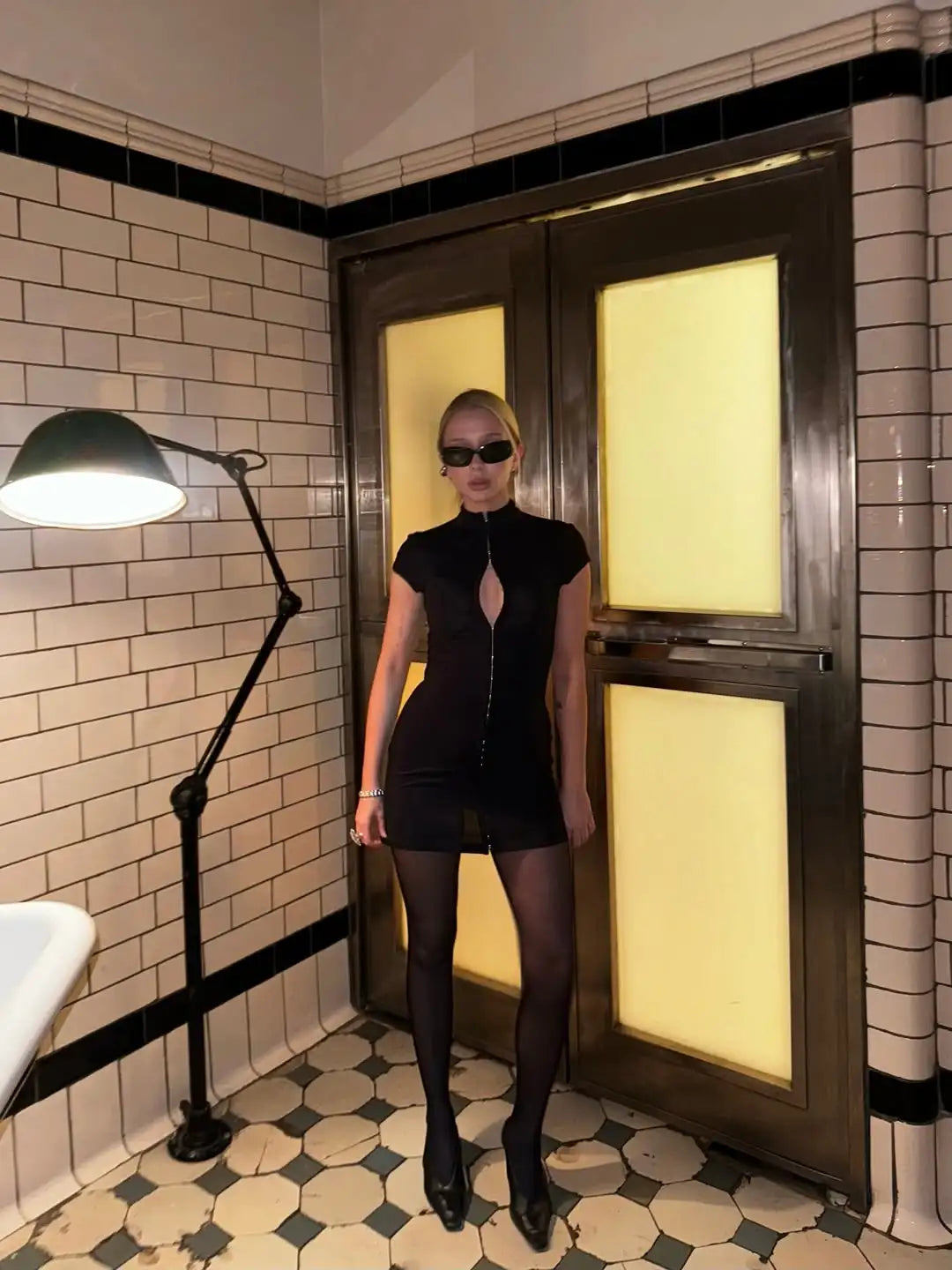 Kpop Black Hollow Out Mini Dress Women Elegant Turtleneck Short Sleeve High Waist Slim Dresses Lady Evening Club Fashion Robes